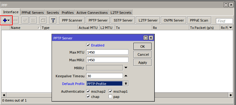 RouterOS - PPTP Server Window