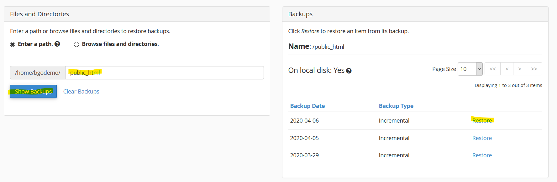 cPanel Restore