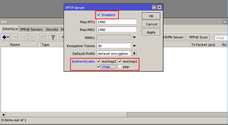 RouterOS PPTP Server Window