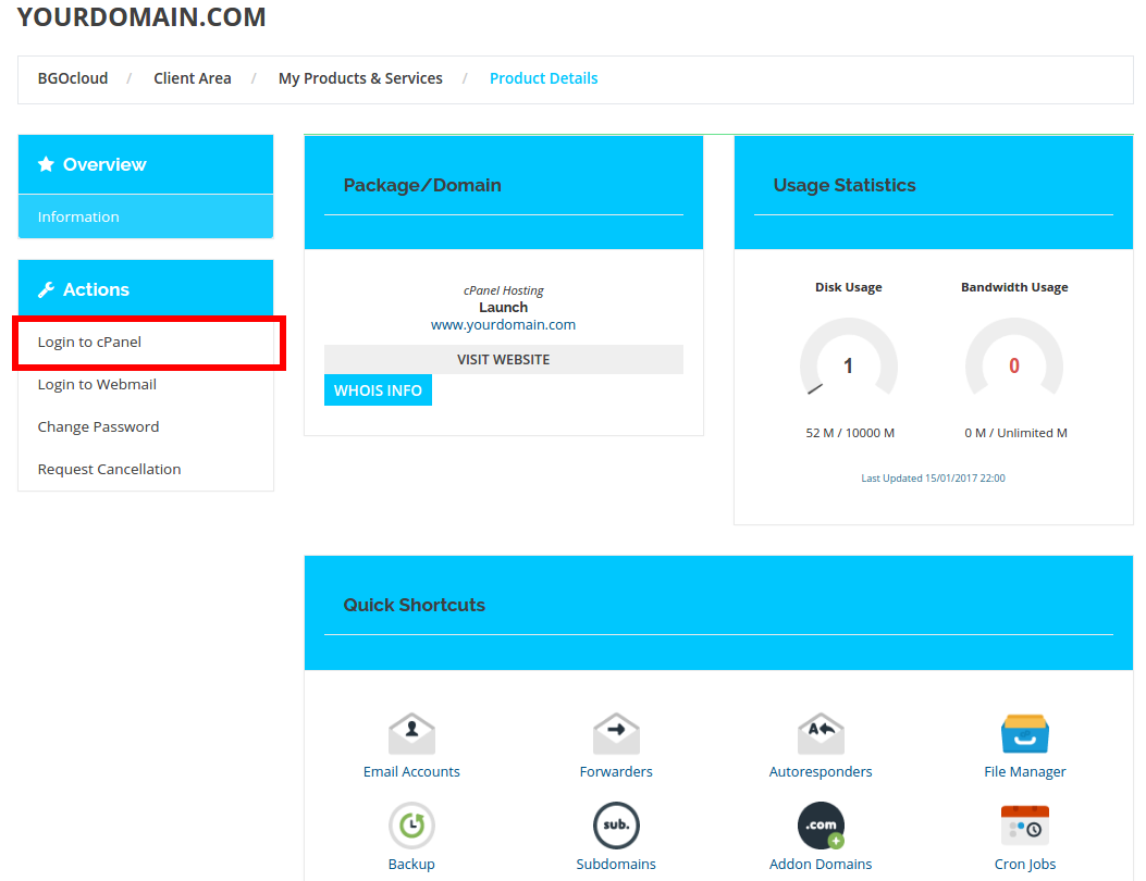 BGOcloud client area screen