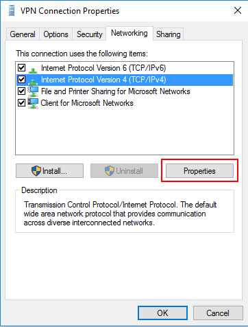 VPN Connection Properties - Networking tab