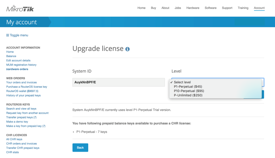 MikroTik account server - Upgrade license