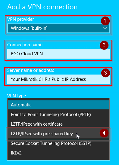 Configuring the VPN server; Selecting the VPN type