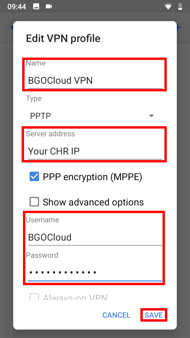 Example PPTP configuration in Android