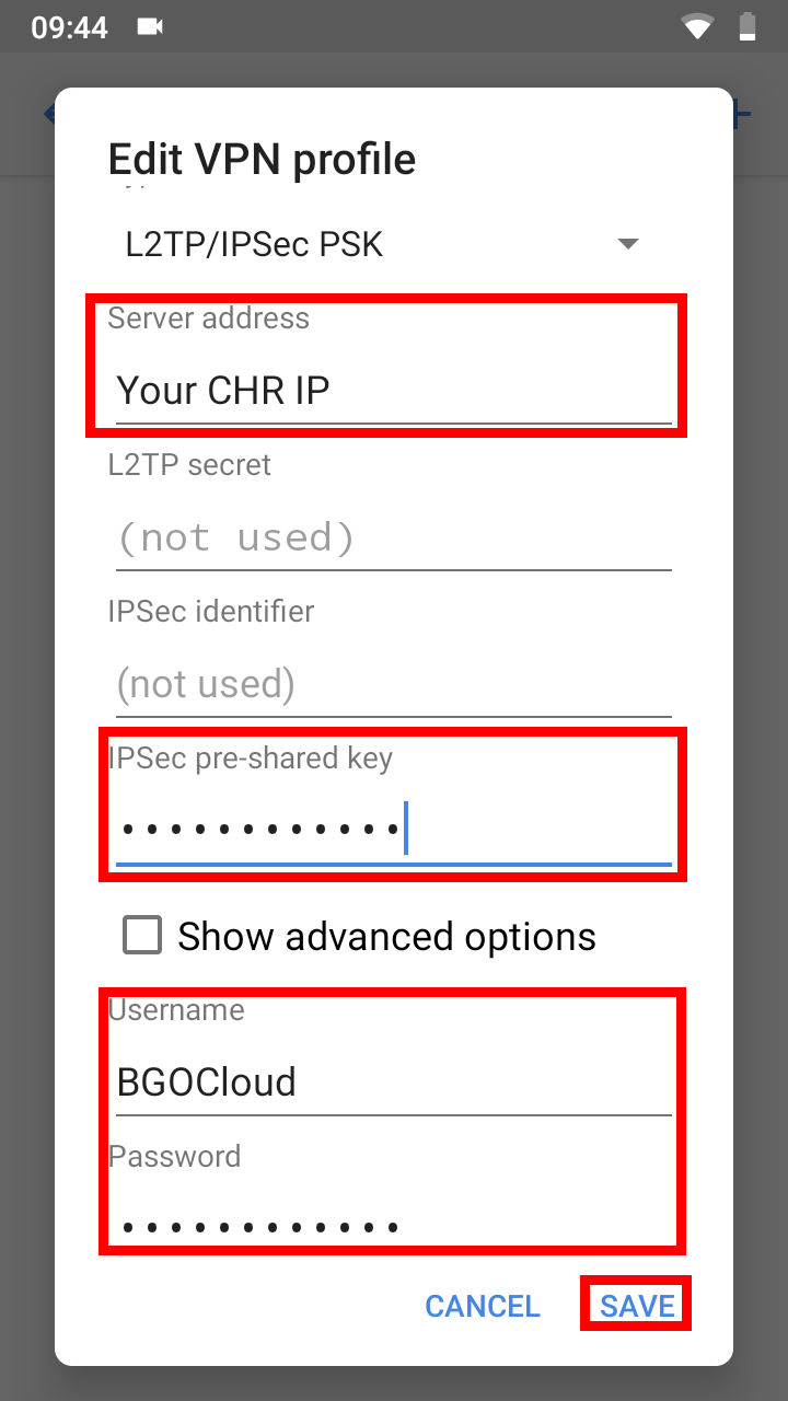 Example L2TP configuration in Android