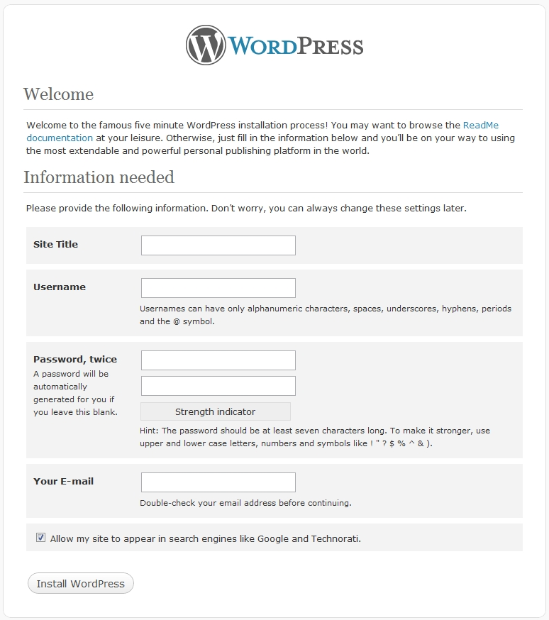 wordpress setup information screen