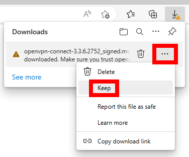 Microsoft Edge download warning, clicking on keep