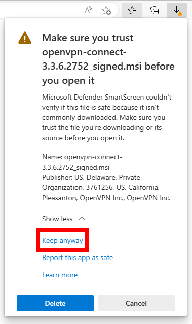 Microsoft edge download warning, clicking on keep anyway