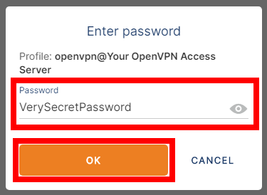 OpenVPN Connect, entering the password