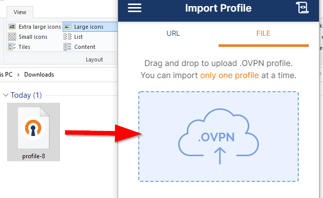Dragging an .ovpn file to the OpenVPN Connect window