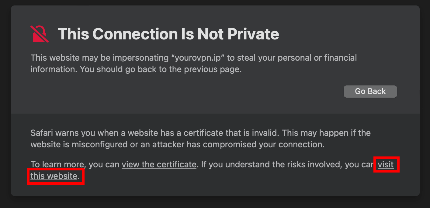 Safari Self-signed certificate warning. clicking on visit this website