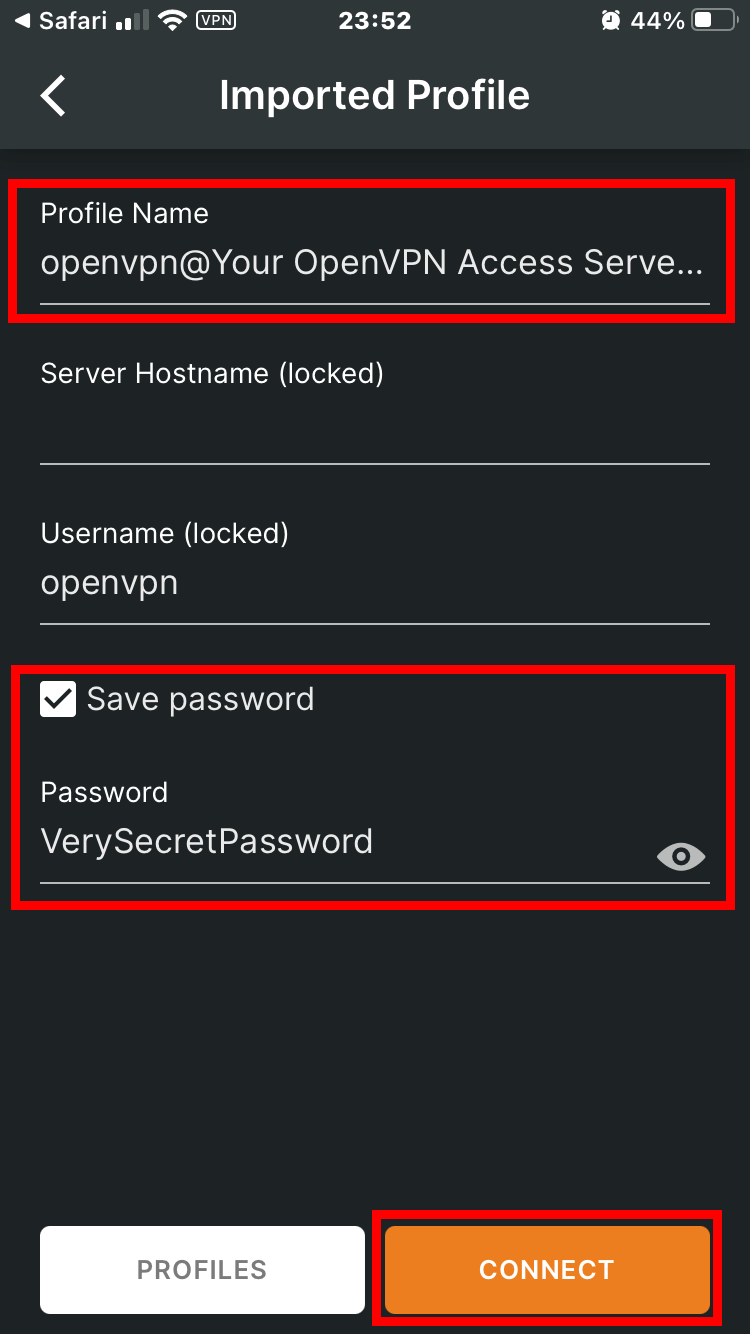 Setting a profile name and saving the password