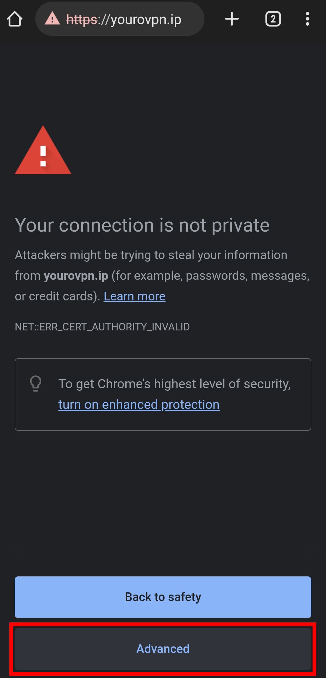 Chrome Android Certificate warning, tapping on Advanced