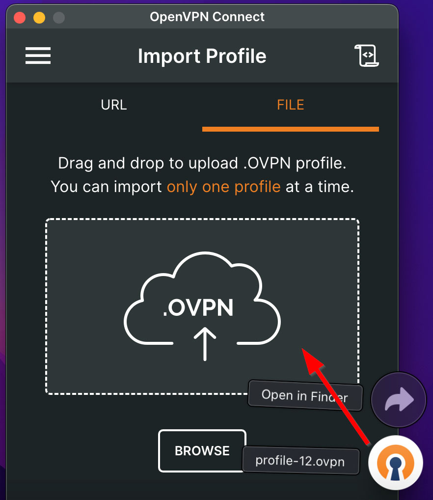 Dragging an .ovpn file from the dock to the OpenVPN Connect window