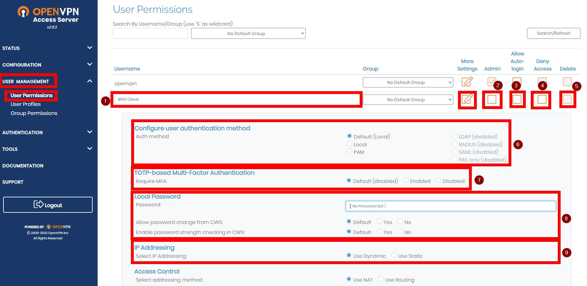 User Permissions panel overview