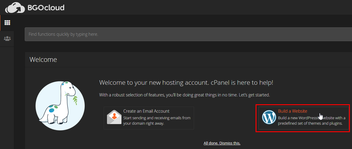 BGOcloud cPanel welcome screen: Build a website