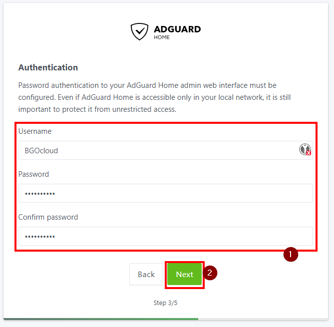Setting credentials for Adguard Home