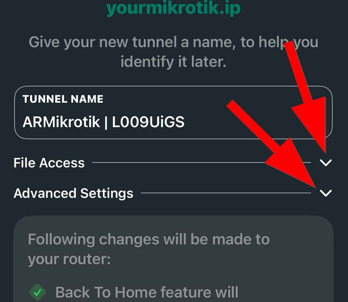 Tunnel Setup page options, after connecting to the Router.