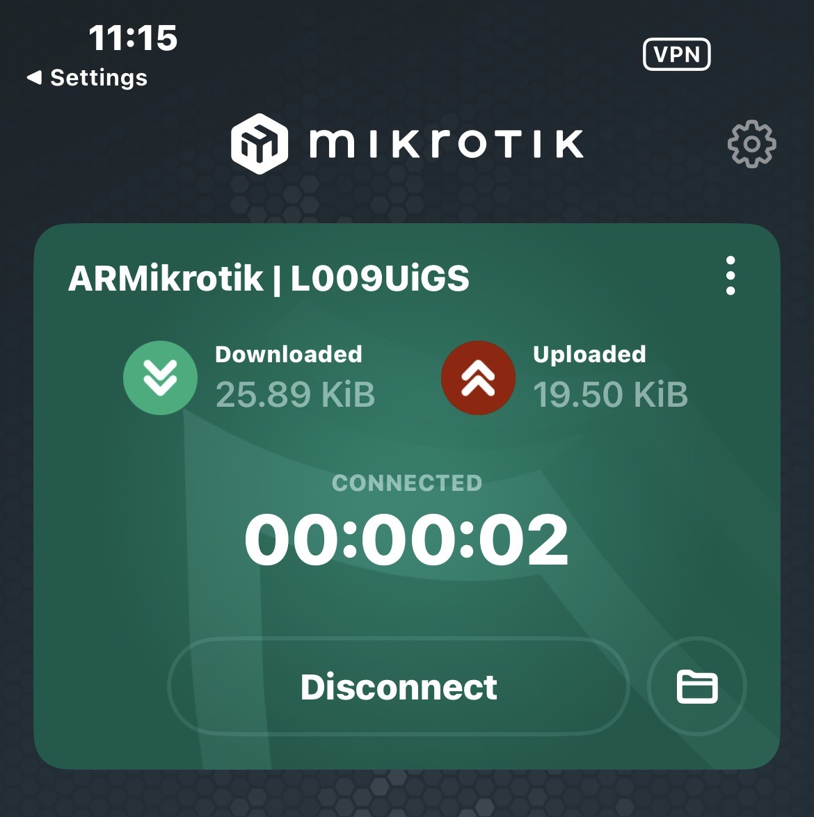 VPN connection is active, initial setup finished.