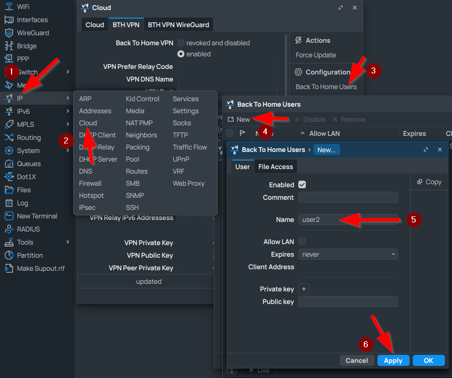 Creating an new BTH user in RouterOS