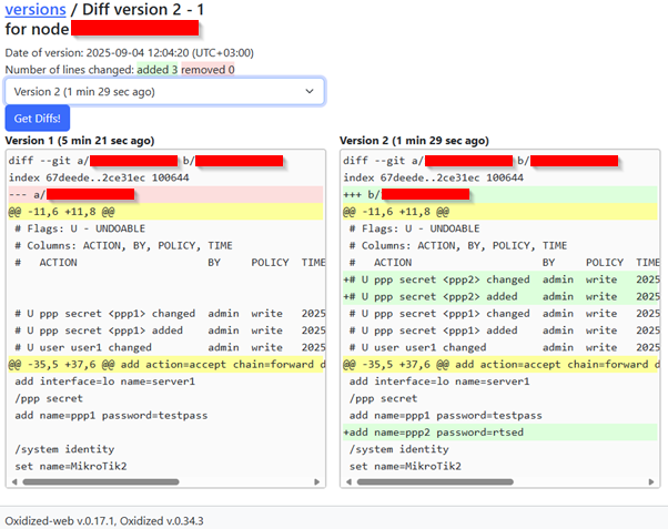 Compare configurations Menu Web UI oxidized
