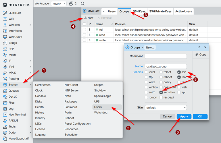 How to Add Group with special permissions GUI MikroTIk
