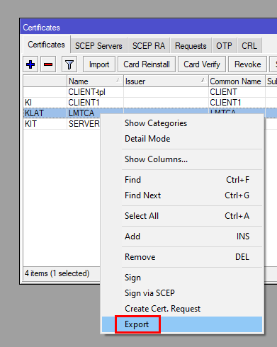 Right-clicking LMTCA and selecting export