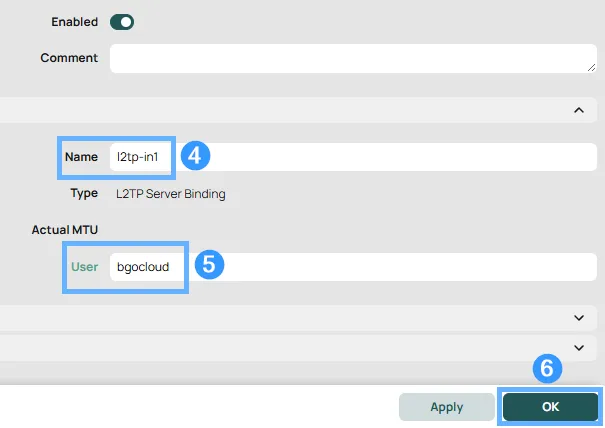 New L2TP Server Binding dialog in RouterOS with name l2tp-in1, type L2TP Server Binding, and user set to bgocloud
