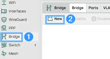 WinBox Bridge window with the New button highlighted to create a new bridge interface