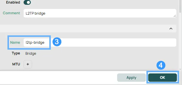 New bridge interface dialog in WinBox/WebFig with name field set to l2tp-bridge