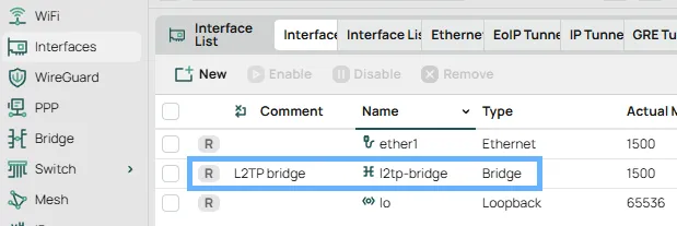 RouterOS Interfaces tab showing the newly created l2tp-bridge interface listed alongside ether1 and lo