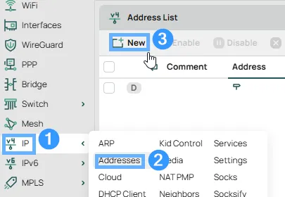 RouterOS IP > Addresses > New dialog showing address 10.1.101.1/24 being assigned to the l2tp-bridge interface