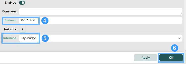 RouterOS IP Addresses list showing 10.1.101.1/24 assigned to l2tp-bridge and the public IP on ether1