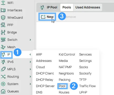 RouterOS IP > Pool section in WebFig showing the IP Pool list with the New button to add a pool