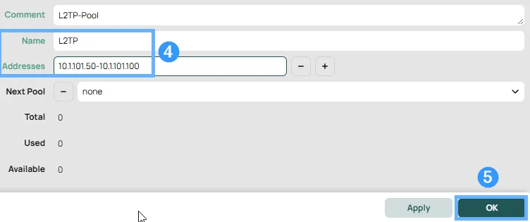 New IP Pool dialog in RouterOS WebFig with name L2TP and address range 10.1.101.50-10.1.101.100 entered