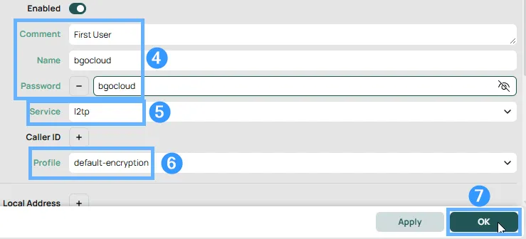 New PPP Secret dialog in RouterOS with username bgocloud, password field, service set to l2tp, and default-encryption profile selected