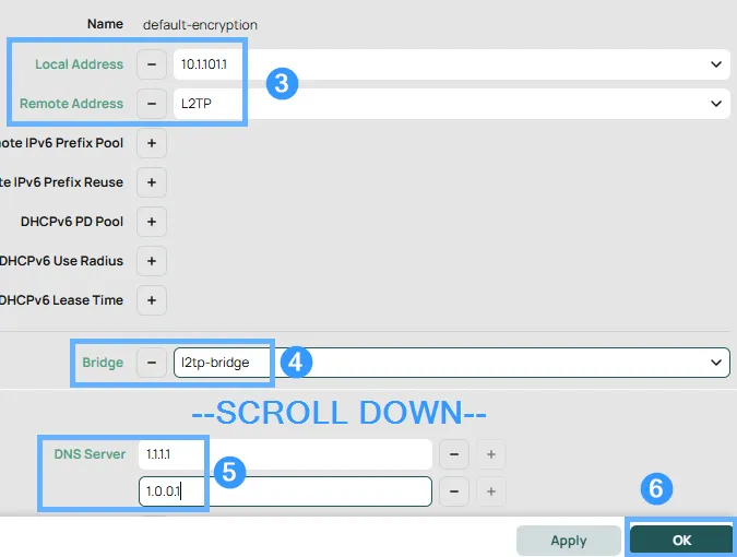 Editing the default-encryption PPP profile in RouterOS — Local Address 10.1.101.1, Remote Address L2TP pool, Bridge l2tp-bridge, DNS servers 1.1.1.1 and 1.0.0.1 configured