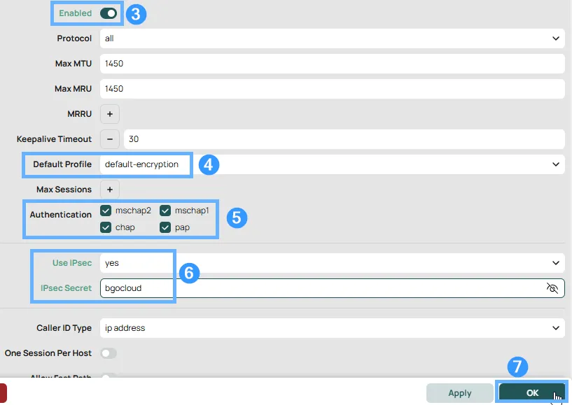 L2TP Server dialog in RouterOS with Enabled toggle on, Default Profile set to default-encryption, Authentication protocols chap/mschap1/mschap2/pap checked, Use IPsec set to yes, and IPsec Secret field filled