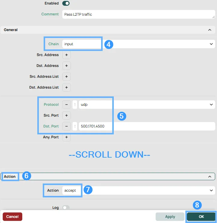 New firewall filter rule in RouterOS for IPsec — chain input, protocol ipencap, action accept, comment IPSec Pass