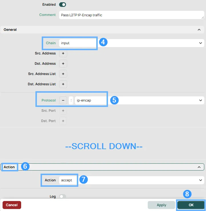 New firewall filter rule in RouterOS for L2TP — chain input, protocol UDP, destination ports 500/1701/4500, action accept, comment L2TP VPN