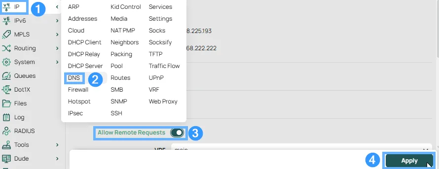 RouterOS IP > DNS settings dialog with Allow Remote Requests checkbox enabled to allow VPN clients to use the CHR as their DNS server