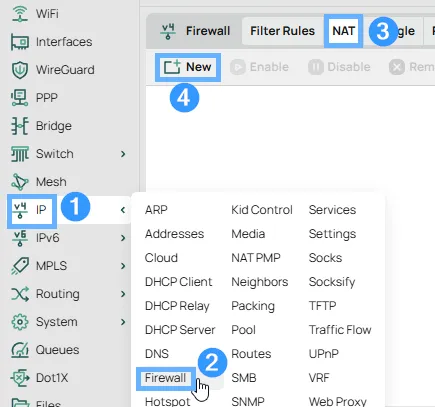 RouterOS IP > Firewall window with the NAT tab active and the New button highlighted to create a masquerade rule